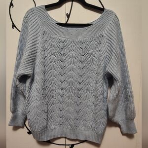 Light Blue Knit Sweater with Pearl Embellished Collar